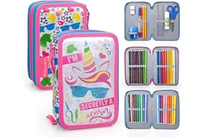 Julian Ross Secretly Unicorn Licorne Trousse Fille, Étui Triple rempli, 45 Accessoires d'École Primaire, 20 Centimètres, Colle en bâtonnet, Mine+, 3 Fermetures Éclair, Compartiments Organisés