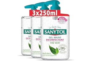Sanytol - Gel Mains Désinfectant Thé Vert - 250 ml - Lot de 3 - Bactéricide, Virucide, Fongicide - Hydratant, Sans Rinçage, Ne Colle Pas - Testé Dermatologiquement