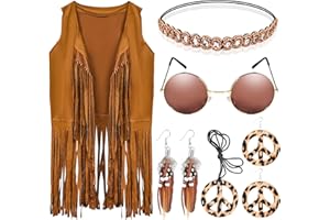 GOLDGE 6PCS Hippie Kostüm Damen Set, 60er 70er Jahre Bekleidung Accessoires Set, Retro Hippie Kleidung Damen Weste Fransen ärmellos mit Ohrringe Boho Style Stirnband Halskette Retro-Sonnenbrillen