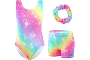 XiaoMoSha Girls Three-Piece Gymnastics Leotards Set Sleeveless Leotards with Shorts and Hairband Sparkly Gradient Color Ballet Dance Unitards Gymnastics Outfits for Kids 3-12 Years