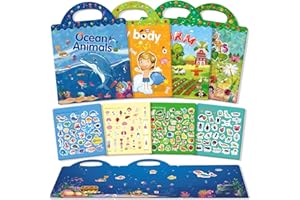 GUYUCOM Paquete de 4 libros de pegatinas reutilizables, juguetes para niños de 2, 3, 4 años, pegatinas 3D transparentes para granja de insectos oceánicos, juguete educativo, regalos de cumpleaños