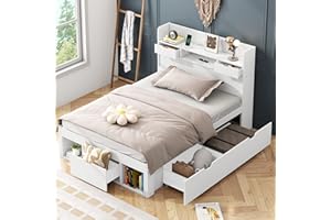 KEYIDE Letto singolo in legno 90 x 200 cm, con porta USB e cassetti e armadio, letto per bambini, letto multifunzione, grande spazio di archiviazione, senza materasso, bianco (bianco, 90 x 200 cm)