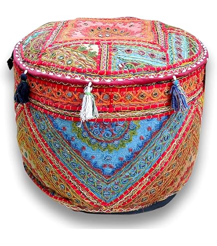 Fodera Per Cuscino Da Pavimento Rotondo Etnico – 100 Cm – Patchwork Vintage Turchese Con Ricami E Nappe – Copri Pouf E Seduta Boho – Solo Copertina - 2