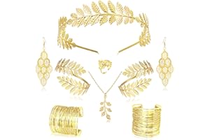LOFITOR 9-teiliges Griechische Göttin Set Damen - Goldener Lorbeerkranz Kopfschmuck + Blatt Armreif Perlen Ohrringe Halskette Blattring für Hochzeit Cosplay Festlichkeiten
