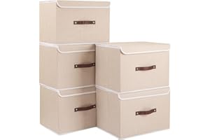 Yawinhe Scatole Portaoggetti con Coperchi Confezione da 5, Cestino Pieghevole con Manico, per Organizzare Vestiti, 45x30x30cm, Beige, SNK018BE-L-5