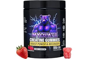 MYOVATE - 120 Creatine Gummies 5000mg with L Carnitine - Boosts Muscle Growth, Strength, Power, Endurance, Reduces Fat, Enhances Recovery, Vegan, Halal, Non-GMO, Strawberry Flavour