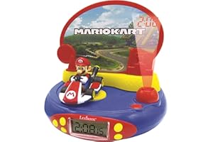 LEXIBOOK, Super Mario, Reloj Despertador con proyector para niños, Luz Nocturna y proyección de la Hora en el Techo, Efectos de Sonido, Funciona con Pilas, Azul/Rojo, RP500NI