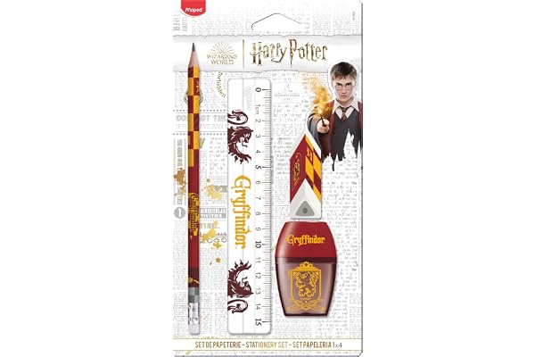 Maped - Set de Papeterie Gryffondor 4 Pièces - 1 Règle Transparente 15cm + 1 Taille-Crayons 1 Trou + 1 Gomme + 1 Crayon Papier HB - Licence Harry Potter Officielle