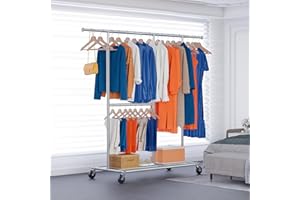 HOKEEPER Schwerlast Kleiderständer auf Rollen, Kleiderstange mit unterem Gestell, 2-stufiger mobiler Garderobenständer, mit verstellbaren Kleiderwagen, verchromter Stahl, Silber