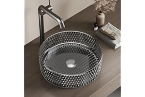 EMKE Lavabo Sobreponer en Vidrio Cristal, Redondo Negro, 36 x 36 x 11.2 cm, Lavabo de para Baño y WC de Invitados, Sin Orificio para Grifo