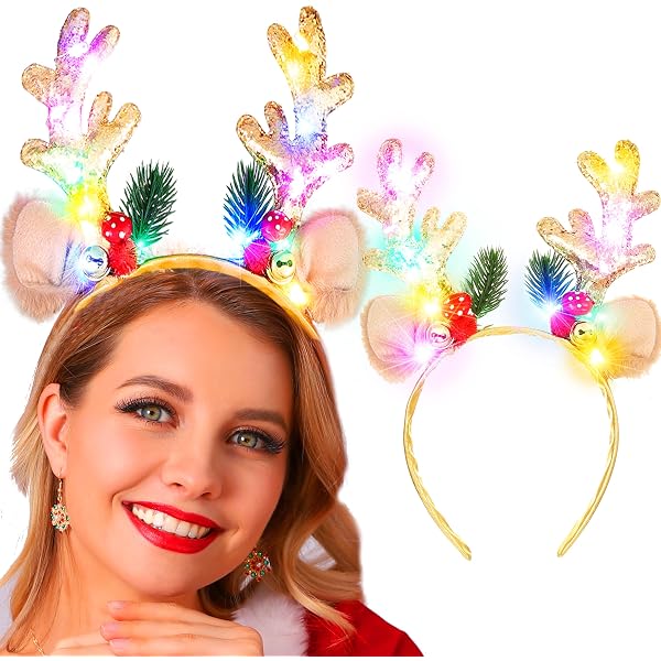 Reaky Weihnachts-Stirnband Mit LED-Lichtern & Hirschohren - Glitzernd, Gold, Einheitsgröße