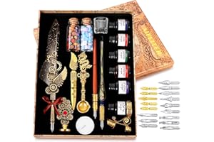 MPRINCE Feather Pen Ink Set,Includes 6 Bottles of Ink,Quill Pen,Glass Dipping Pen,Wooden Dipping Pen,8 Sheets of Writing Paper,Envelope,Wax Granules,Round Wax,Seal,Spoon(Grey)