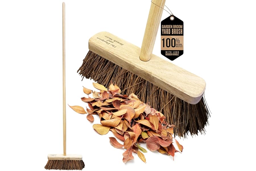 10” Garden Broom Outdoor with Wooden Handle Natural Stiff Bassine Hard Bristle Broom Yard Brush Heavy Duty Outdoor Stiff Sweeping Yard Brush