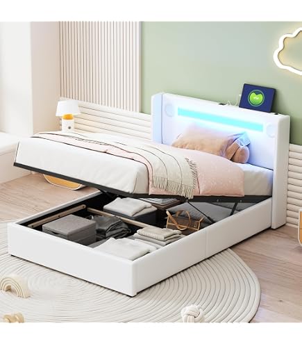 Letto imbottito con illuminazione a LED e 2 cassetti, letto singolo 90x200 cm