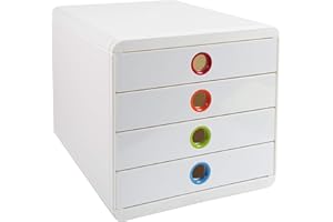 Exacompta 314398D - Módulo individual con 4 cajones para documentos A4+, ultra-rígido, cajones cerrados, con stop de seguridad - 347x278x267 mm - BIG-BOX - POP-BOX - Blanco/multicolor/blanco