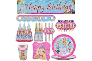 Tomicy Forniture per Feste di Compleanno per Bambini Tema Animale 63 Pezzi Bambola Tema Set Bambola di Stoviglie Getta per Bambini Striscioni Tovaglia Piatti tovaglioli Coppe(6 Ospiti)