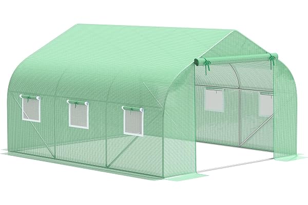 Outsunny Serre Tunnel de Jardin 10,5 m² dim. 3,5L x 3l x 2H m Porte + 6 fenêtres enroulables Acier galvanisé bâche PE Haute densité Vert