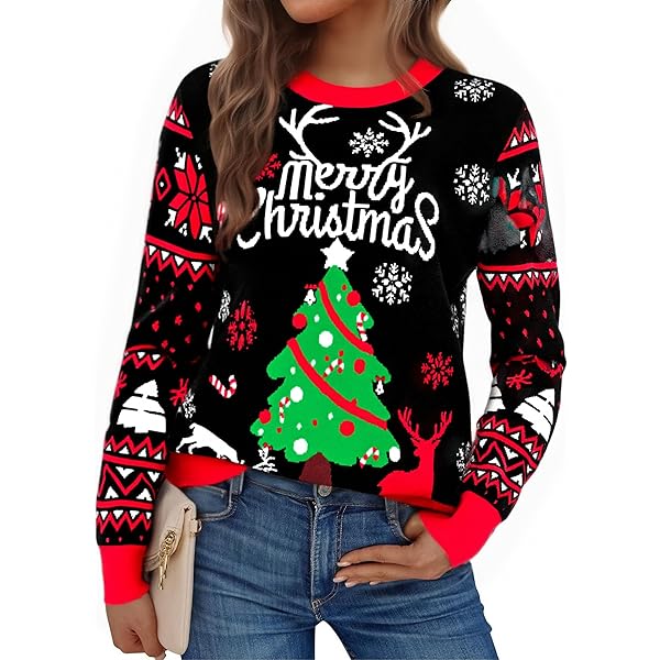 Litherday Kersttrui voor dames, kersttrui, winter, gebreide trui, ronde hals, kersttrui met rendier en sneeuwvlokkenmotief, B-groen, L