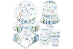 WenmthG Babyparty Deko Junge, 100 Stück Baby Shower Deko mit Servietten Pappteller Bescher - Babyshowerparty Deko Junge - its a boy Deko