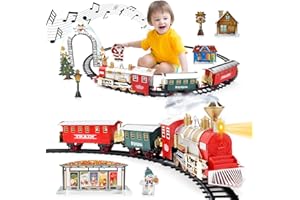 deAO Train Electrique Noel, Train électrique Jouet pour Enfants avec Phares, Fumée, Sons Réalistes, 3 Wagons, Décoration de l'arbre de Noël, Cadeau de Noël pour Enfants à Partir de 3 Ans