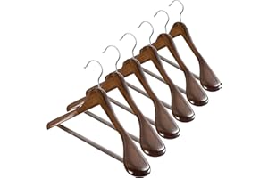 PTSUKER Wide Shoulder Wooden Hangers Coat Hangers High-Grade Smooth Finish Non Slip Wide Shoulder Hangers for Clothes 6 Pack, for Closet, Jacket, Dressed, Holds Upto 20lbs, 360° Swivel Hook