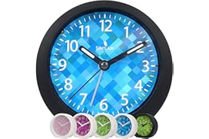 ‎SIMSAM SIMSAM Wecker Kinder Jungen, Kinderwecker Jungen Ohne Ticken für Schulanfänger, Einschulung Kinder Wecker für Junge, Schulkind Lernwecker Analog mit 24 Melodien, Batterie, Snooze (Schwarz-Hellblau)