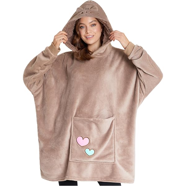 Pusheen Girls' Brown Blanket Hoodie | Sumérgete en la Comodidad con la Sudadera con capucha Cara Bordada | Completa con una Capucha para Mayor Calidez