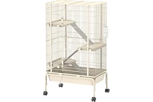 PawHut Rolling Rabbit Cage, 4 Level Rolling Rat Cage with 3 Ramps, Water Bottle, Food Dish, 15cm Deep Tray for Easy Cleaning, Small Pet Cage for Ferrets, Chinchillas, Squirrel, Syrian, Beige