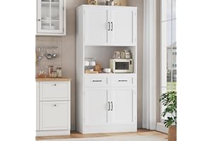 HOCSOK Credenza Cucina Alta, 180cm Mobile Dispensa Cucina, Armadio Buffet con 4 Ante e 2 Cassetti, Vetrina Cucina con Ripiani Regolabili, Bianca