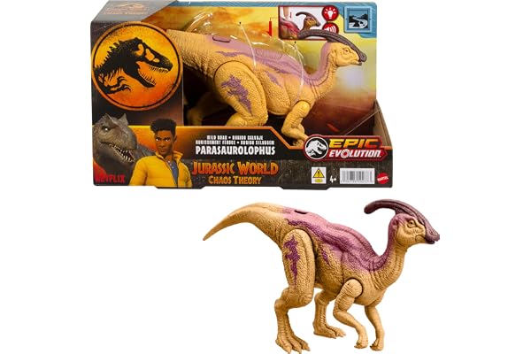 Mattel Jurassic World: La théorie du chaos Netflix - Parasaurolophus Rugissement Féroce Figurine de dinosaure avec colonne vertébrale effet bioluminescent et son, jouet articulé, HTK75