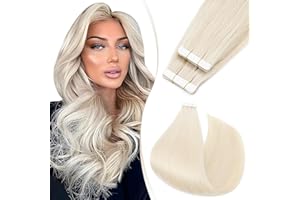 ELAILITE Tape in Hair Extensions Human Hair 40 PCS Thin Type 1.5g/pcs - 100% Real Natural Remy Hair Skin Weft Extension (#70 Bleach White, 16 inches)