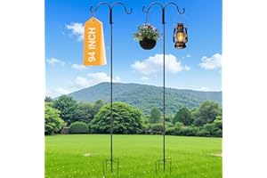 APACALI 1 Pack Double Shepherds Hooks 240cm / 94inch, Adjustable Height Shepherds Crook with with 5 Prong Base, Shepherd's Crook for Garden Lanterns Lights Plant Baskets (Black)