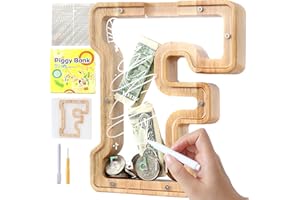 Mikytoper Letter Money Box for Kids Wooden Personalized A-Z Alphabet Piggy Bank Clear Money Bank Coin Bank for Gift Decoration Baptism (F)