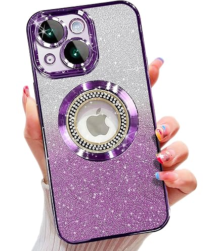 IPhone 14 Plus Hülle Mit Fließendem Glitzer-Design – Klare TPU-Hülle Mit Drehbarem Ring, Roségold