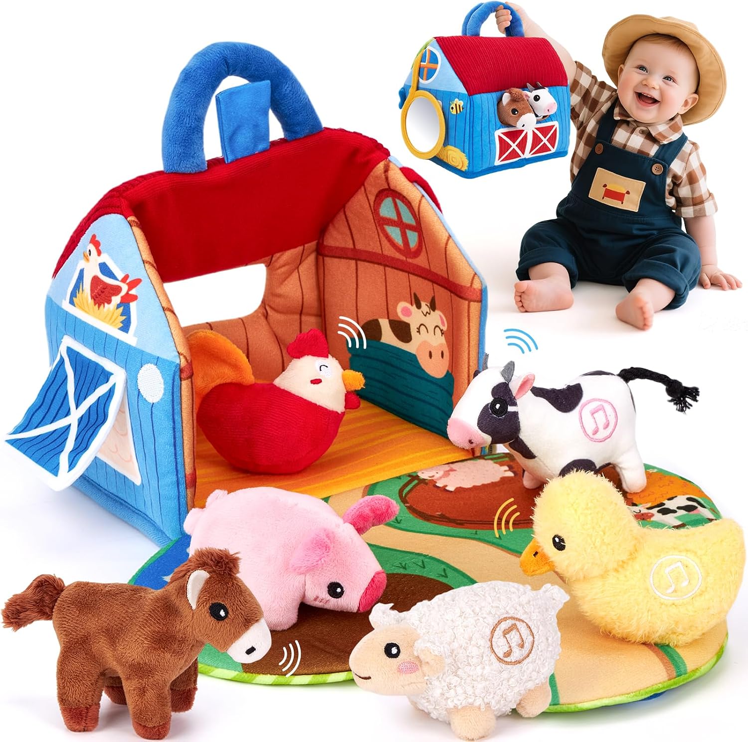 hahaland Juguetes Bebes 6-12 Meses - Granja de Peluche con 6 Animales Interactivo, Granero Plegable Blando - Montessori Juguetes Niños 1 año Regalo Bebe 6 12 18 Meses