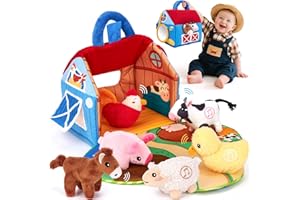 hahaland Juguetes Bebes 6-12 Meses - Granja de Peluche con 6 Animales Interactivo, Granero Plegable Blando - Juguete Montessori para Bebe 6 Meses Regalo Original