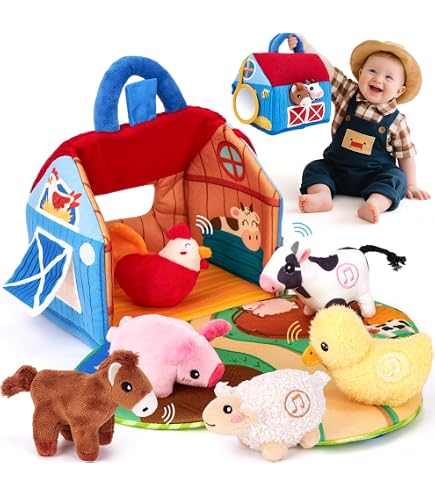 USHOP Jouet Ferme En Peluche Bébé 6 Mois – 7 Animaux (Lapin, Vache, Brebis) + Miroir + Grange – Hochets, Sons, Textures – Sensoriel Montessori, Cadeau 6-18 Mois