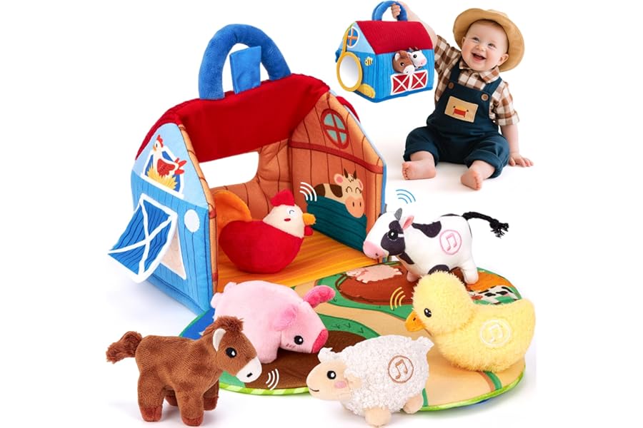 hahaland Baby Toys 6-12 Months,Plush Farm Animal Sound Toys, Interactive Baby Sensory Toy Barn Set with Crinkle, Mirror, Montessori Early Learning Toys for 1 Year Old, Travel Toys Gifts for Boys Girls