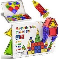 Set Di 40 Mattoncini Magnetici Montessori In Scatola Di Latta – Portatile, Con Piastra Di Gioco, Colori Pastello, Sicuri CE/EN71, Per Bambini Da 3 Anni