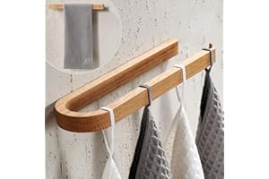 DEKAZIA® Portasciugamani Legno da Parete | Senza Forare | Porta Asciugamani in Quercia Sostenibile | Barra da Forare o Incollare | Portasciugamani Quercia | Portarotolo Cucina