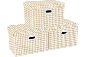 TYEERS Grande Boîte de Rangement avec Couvercle, Motif, Tissu, Lavable, Rangement Tissu, 44x30x29 cm, Lot de 3, Beige