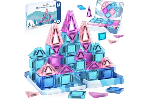 Dreamon Mini Bloc de Construction Magnétique Enfant 68PCS Thème Glace Et Neige Magnetic Tiles Jeux Magnetique Enfant avec Boîte en Métal Cadeaux pour Garçons Et Filles 3 4 5 6 7 Ans