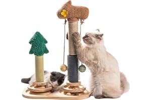 MEWOOFUN Rodillo de juguetes interactivos para gatos, 2 capas giratorias, juguetes para gatitos con bolas colgantes y postes rascadores, juguete de madera 3 en 1 interactivo para gatos de interior, 40