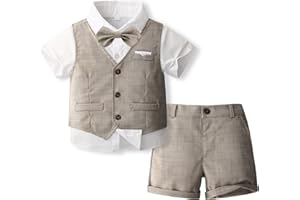 Volunboy Completo Elegante Bambino Camicie + Papillon + Gilet + Pantaloncini, Estivi Cerimonia Nozze Abbigliamento 4 Pezzi