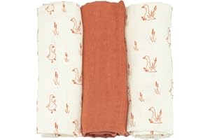 Trois Kilos Sept - Lot de 3 Langes bébé - Carrés de Mousseline Coton 70x70cm - Multi-usages: Couverture, Doudou, Bavoir, Protection Solaire - Certificié Oeko-tex - Motif Oie - Terracotta
