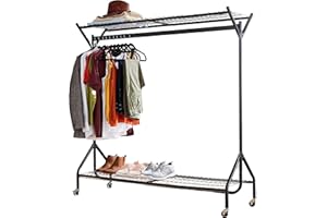 DIRECT ONLINE HOUSEWARE House of Home Super Heavy Duty Metal Clothes Rail with Wheels - 1 Tier Rail Wardrobe Replacement - Hanging Clothing & Shoe Rack - Storage & Organiser for Shirts, Coats, Hat & Shoes - Black, 4ft x 5ft