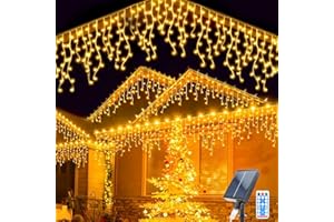 TIANHOO Solarne lampki w kształcie sopli, 8 m, wodoodporne łańcuchy świetlne, 264 LED, łańcuch świetlny 44 szt., wiszące kurtyny, łańcuch świetlny 8 trybów, wodospad, łańcuch świetlny z pilotem, na