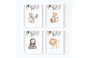 ayurvana Láminas Infantiles Safari SIN MARCO - Set de 4 Cuadros Animales Bebé: Elefante, León, Mono y Leopardo - Decoración Habitación Infantil Niña y Niño - Posters para Pared Estilo Natural (A3)