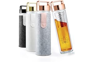 REFYLL Teeflasche mit Filter “teaFyll” 450ml I Teeflasche mit Sieb to Go 0,5l für warmen & kalten Tee I Doppelwandige Glasflasche aus Borosilikatglas + Fruchteinsatz für Eistee & Infused Water