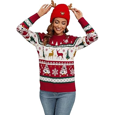 janisramone Womens Dames Nieuwe Unisex Kerst 3D Pom Pom Gebreide Nieuwigheid Xmas Retro Jumper Trui Top, Rode Vrolijk Kerstfeest Pompom, 38-40